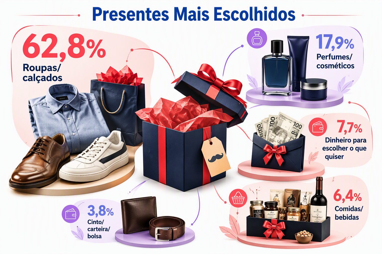 “Infográfico em formato de ecossistema conectado apresentando as principais categorias de presentes para o Dia dos Pais, reunindo roupas, calçados, acessórios, perfumes, dinheiro para escolha livre e alimentos. A imagem auxilia na visualização das opções mais lembradas pelos consumidores.”