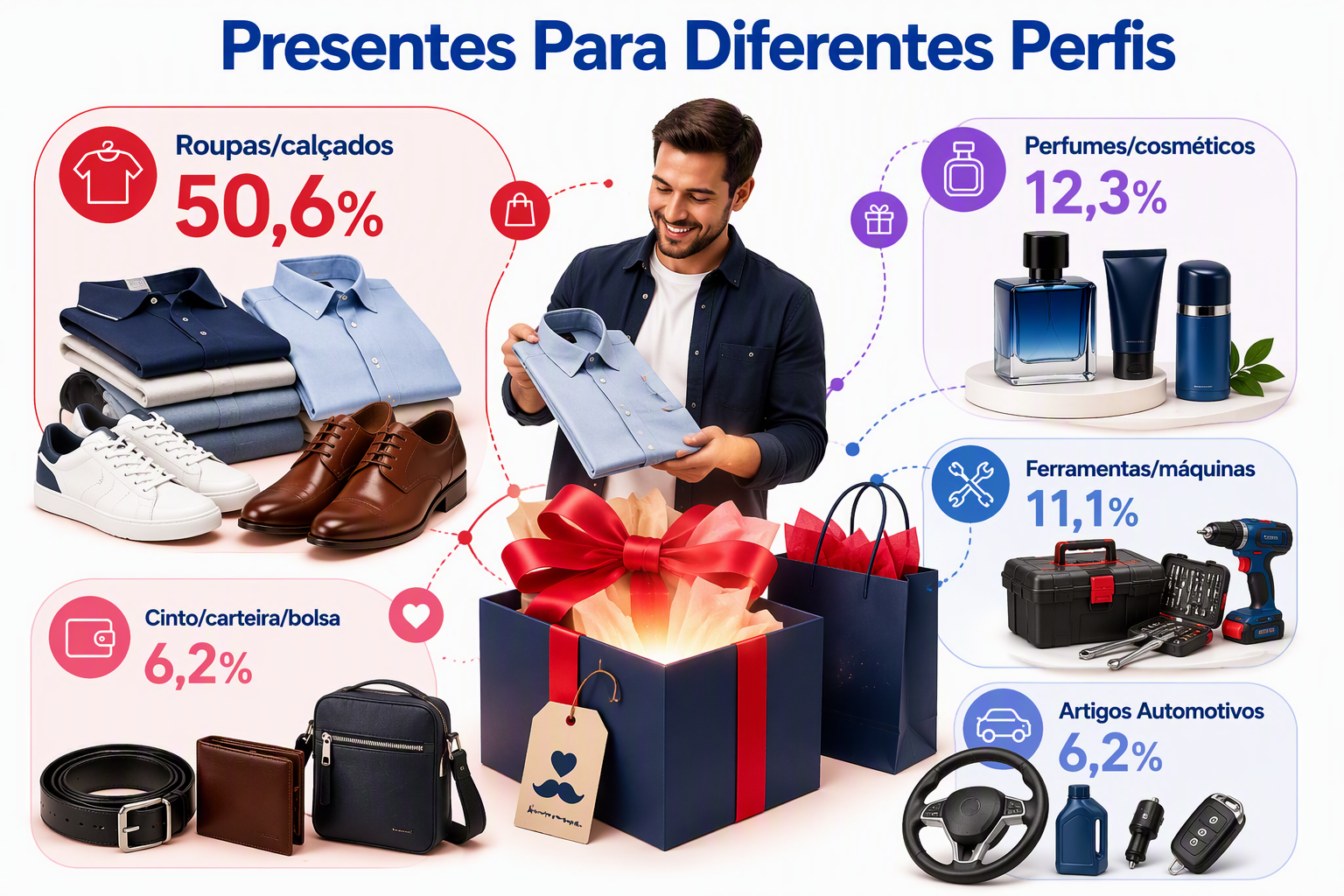 “Infográfico com categorias de presentes organizadas em formato conceitual, mostrando a distribuição das preferências de compra para o Dia dos Pais e a posição de destaque de roupas e calçados.”