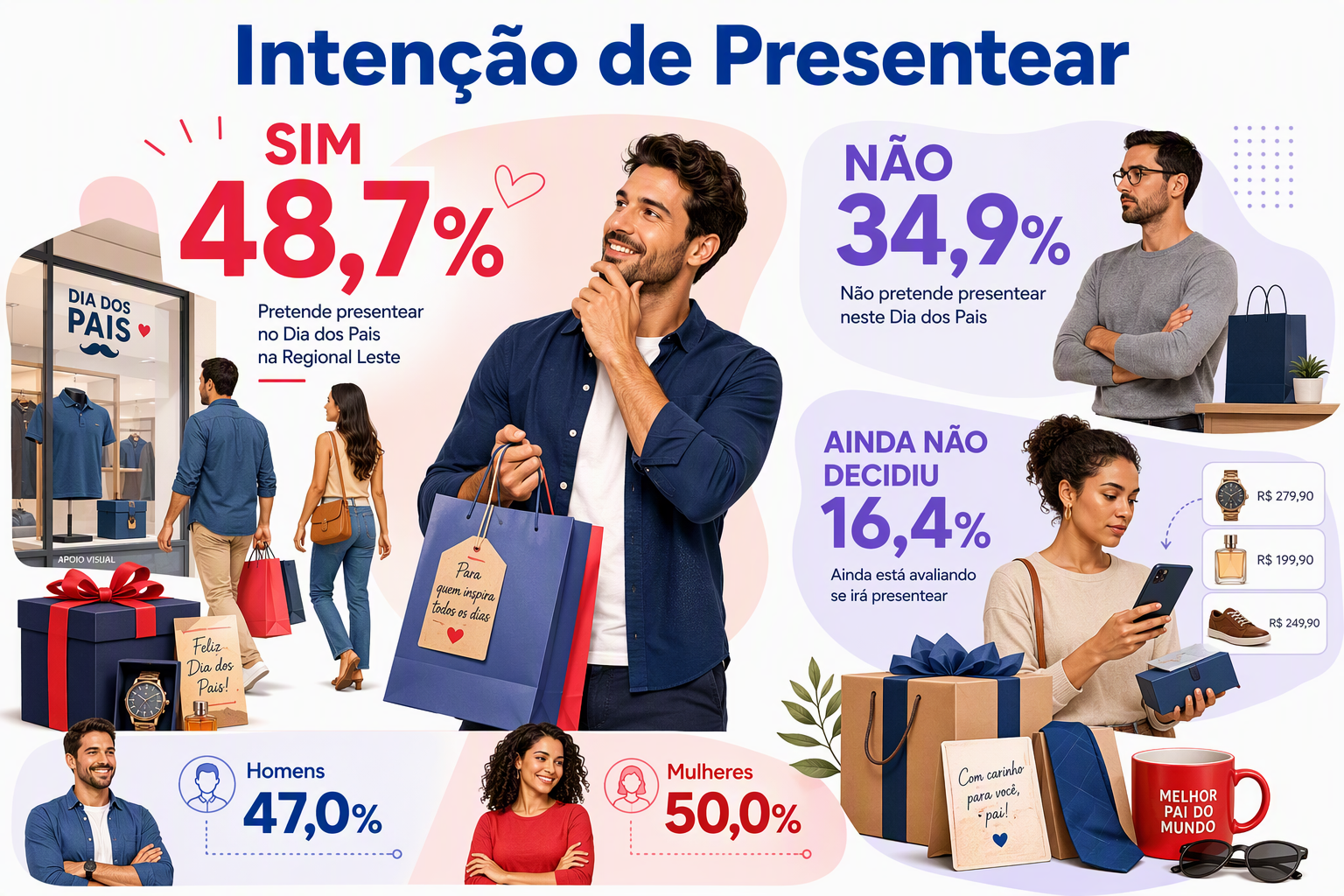 “Infográfico sobre compras dia dos pais mostrando a distribuição da intenção de presentear e a participação de homens e mulheres, ajudando a compreender o potencial de consumo da data.”
