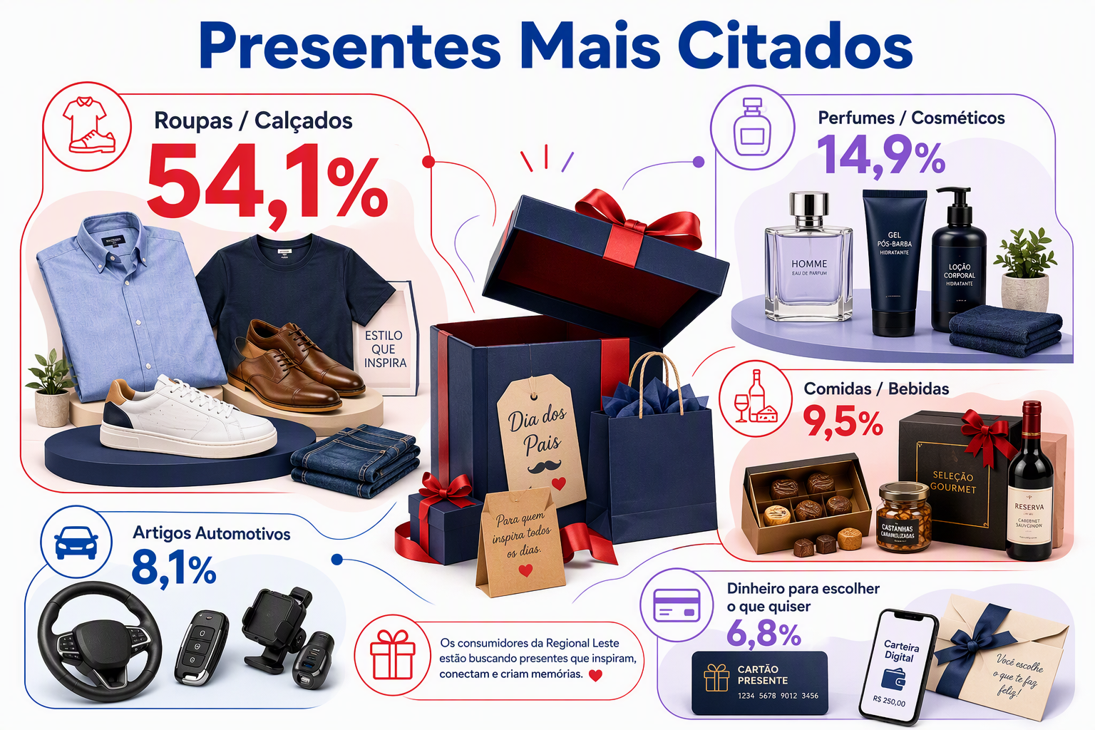 “Infográfico com as categorias de presentes mais citadas, organizado de forma visual para destacar as preferências de compra dos consumidores.”
