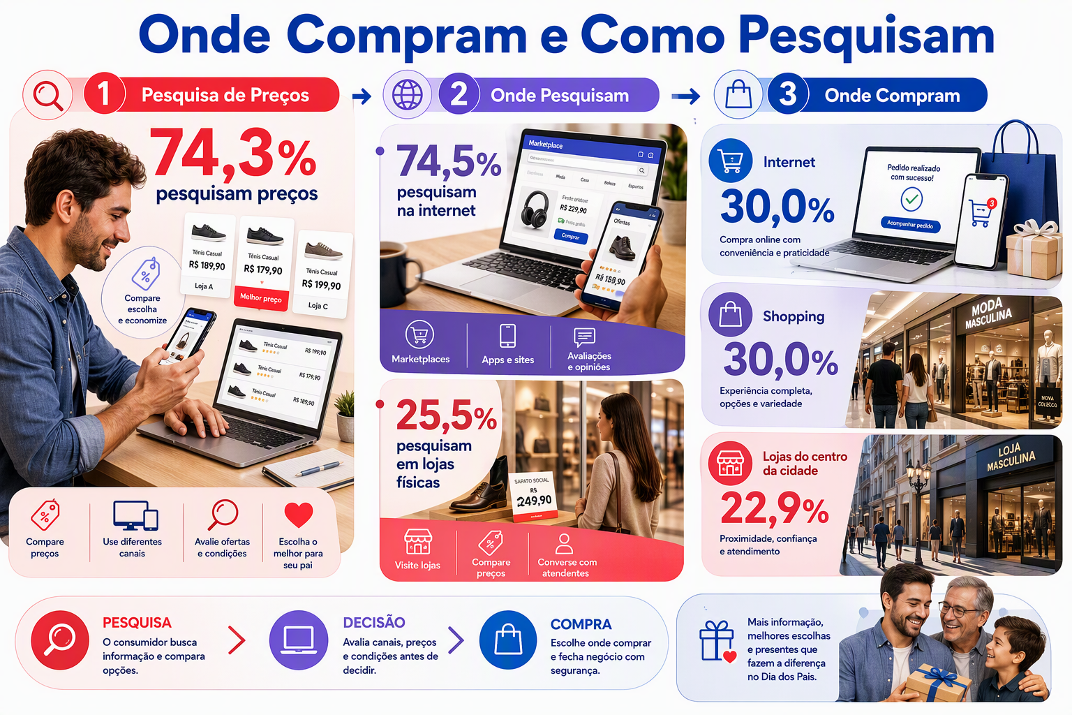 “Infográfico que apresenta os principais locais de compra e os hábitos de pesquisa de preços, auxiliando na compreensão da jornada de consumo.”