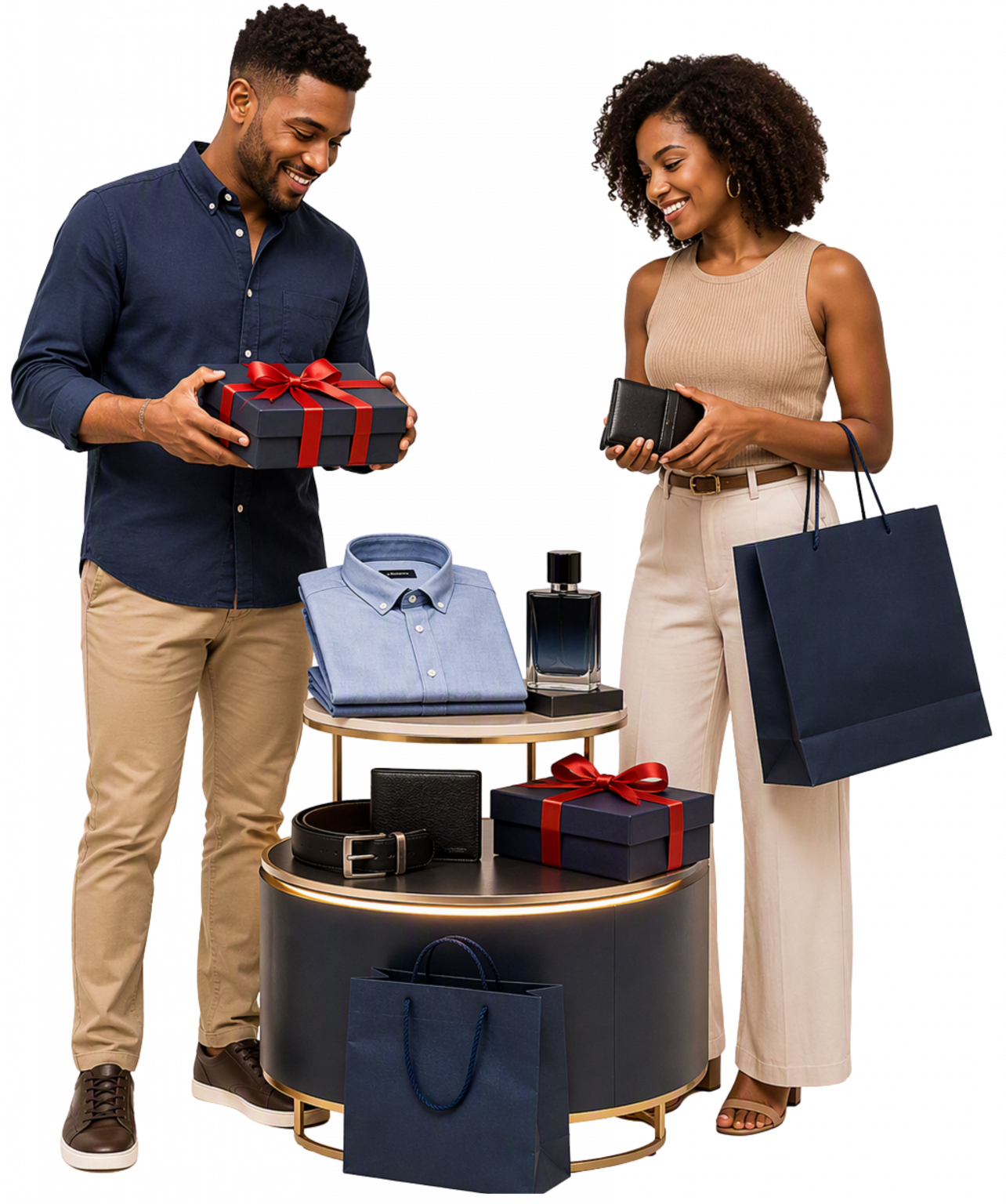 “Casal negro observando presentes organizados em uma vitrine central compacta, com camisa, carteira, cinto, perfume e embalagem para presente. A imagem representa a escolha de presentes para o Dia dos Pais em uma composição editorial centralizada e adequada para publicação em portal.”