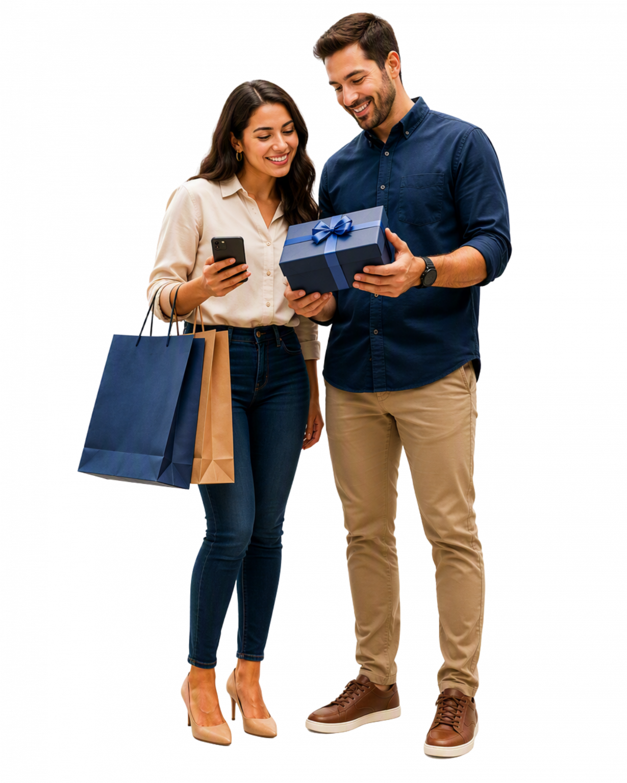 "Compras Dia dos Pais Paraná representadas por dois consumidores brasileiros escolhendo presentes em uma loja moderna, ilustrando a intenção de compra e o ambiente do varejo na data comemorativa."
