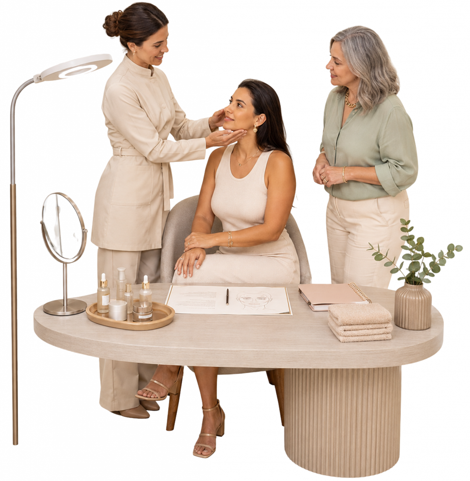 “Esteticista orienta duas clientes adultas de idades diferentes em um estúdio compacto, representando uma proposta de cuidados sob medida e serviços especializados.”