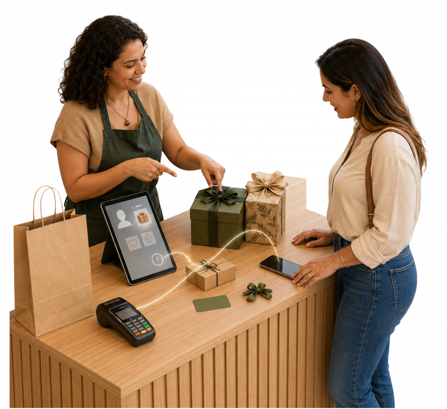 Empreendedora utiliza o histórico digital de uma cliente recorrente para apresentar opções de presentes alinhadas a uma compra anterior.