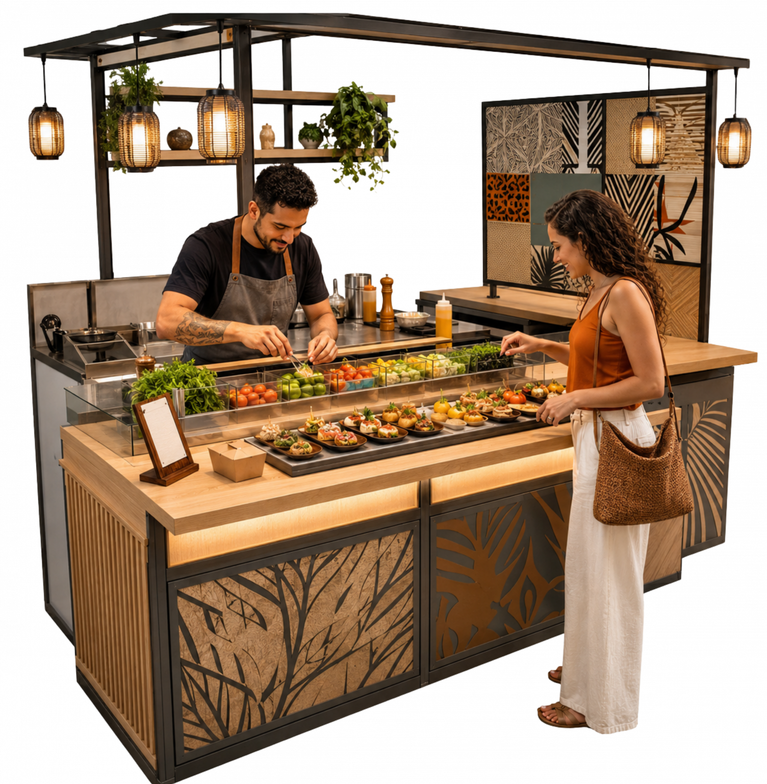 “Empreendedora, profissional de cozinha e cliente interagem em uma lanchonete compacta com balcão modular, pequenas porções e elementos intercambiáveis que representam temporadas gastronômicas.”