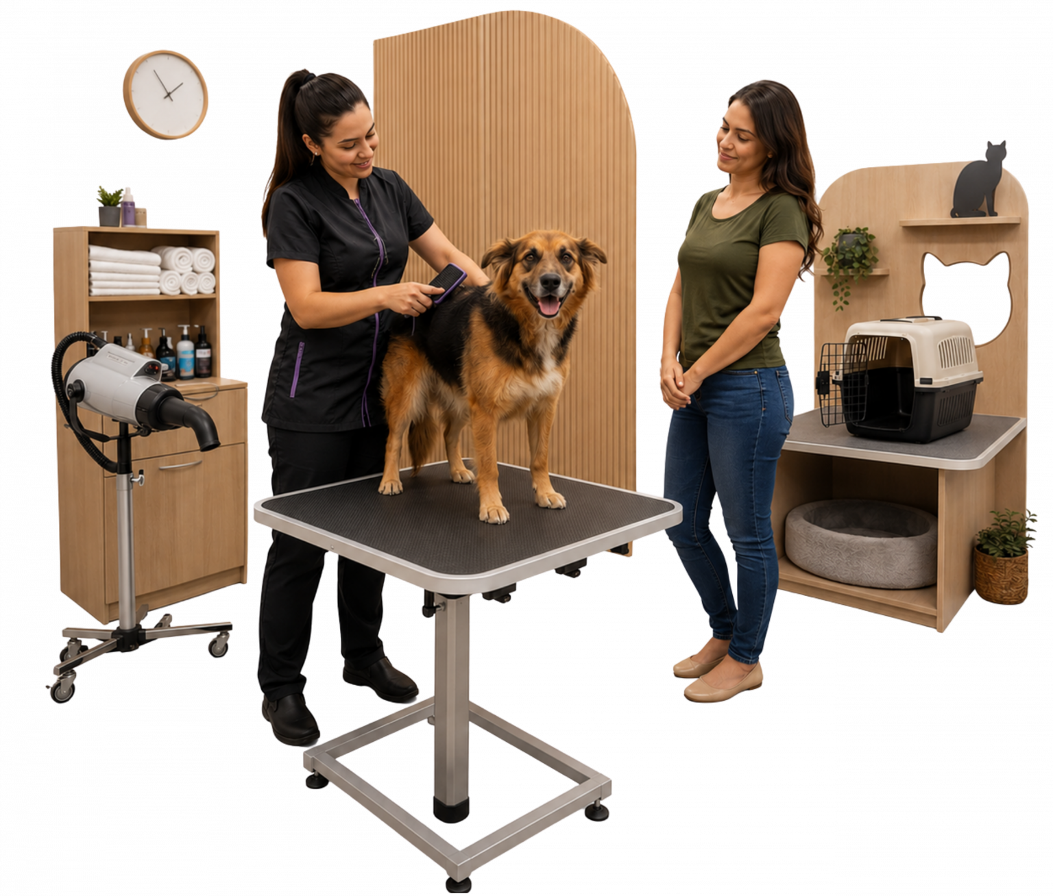 “Profissional escova um cão sobre mesa baixa enquanto a tutora acompanha o atendimento individual em um estúdio compacto de higiene pet.”