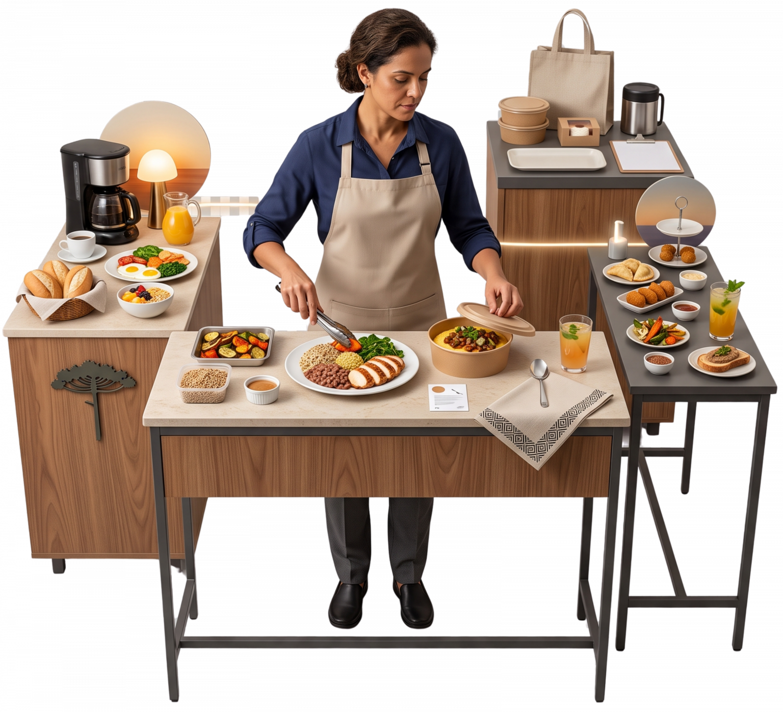 IMAGEM BENTO GRID – DESTAQUE 01: “Empreendedora finaliza um almoço e prepara uma refeição para retirada em restaurante compacto com estações para café, pequenas porções e bebidas sem álcool.”