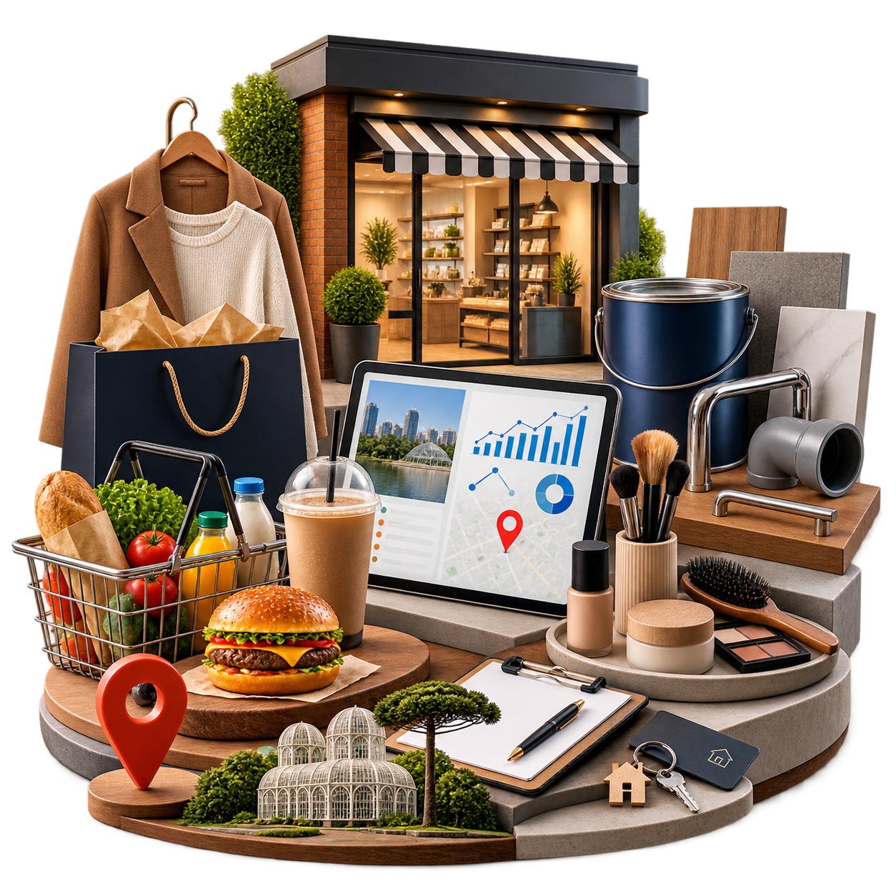 IMAGEM BENTO GRID – DESTAQUE 01: “Composição realista com objetos de diferentes segmentos, como loja, alimentação, beleza, construção, moda e reservas, representando a vitrine regional de oportunidades da Edição Curitiba.”