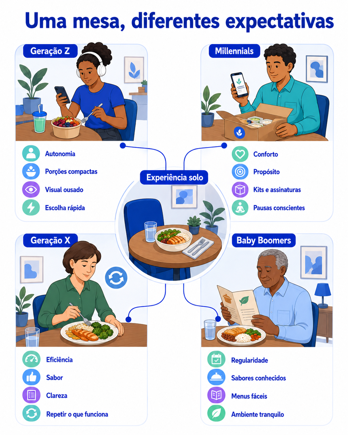 IMAGEM 3: Quatro gerações aparecem em situações de consumo individual, mostrando diferenças entre autonomia, conforto, eficiência, regularidade e expectativas sobre a refeição.