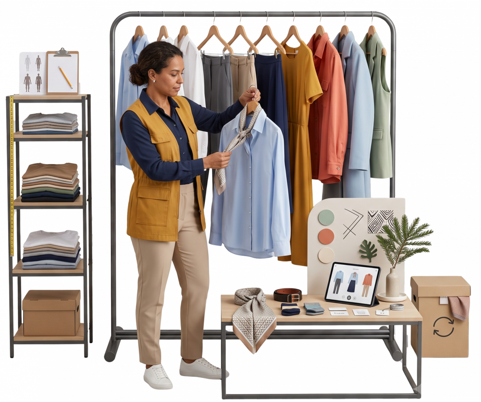 IMAGEM BENTO GRID – DESTAQUE 01: “Empreendedora combina camisa e lenço em boutique compacta com arara cápsula, grade variada e referências discretas à cerâmica de Campo Largo.”