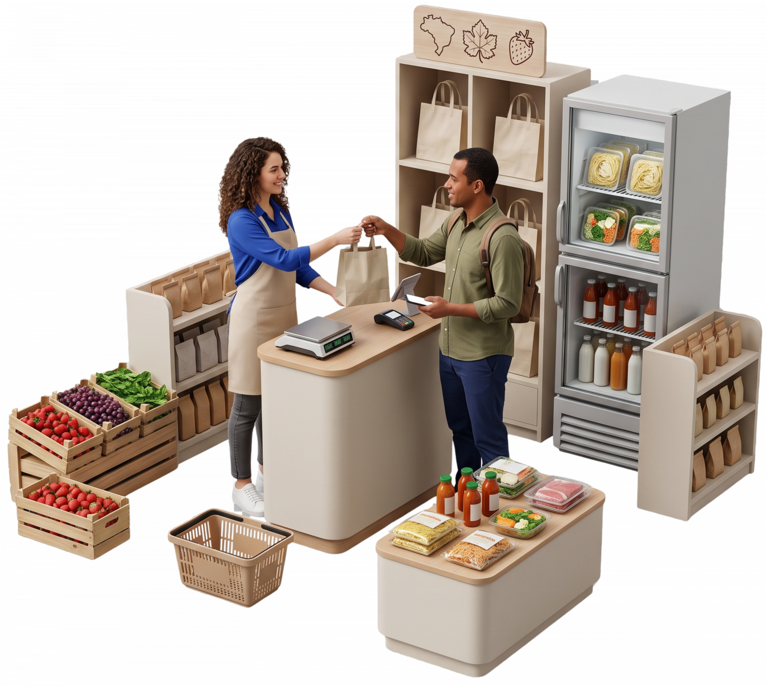 IMAGEM BENTO GRID — DESTAQUE 01: “Empreendedora entrega uma compra separada a um cliente enquanto outra consumidora escolhe morangos em um minimercado compacto com produtos frescos, refeições práticas e retirada programada.”
