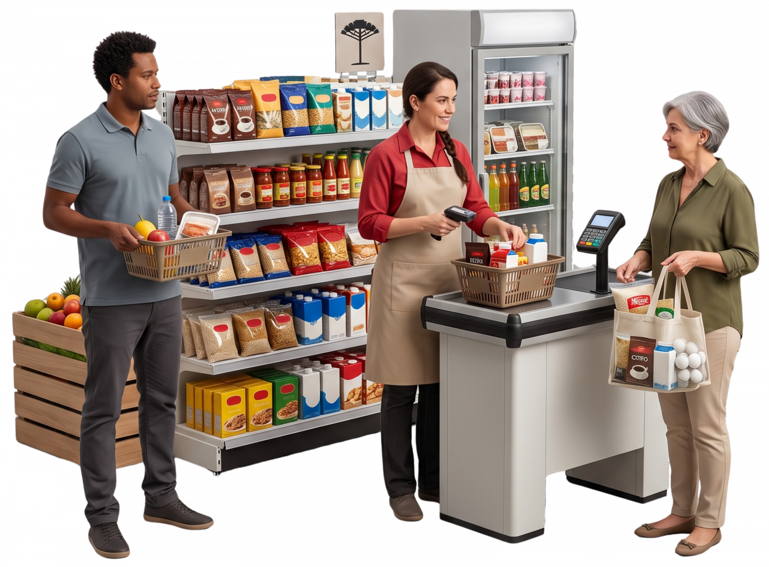 IMAGEM BENTO GRID – DESTAQUE 01: “Pequeno minimercado contemporâneo com empreendedora e clientes realizando compras rápidas de alimentação e reposição doméstica, representando a transformação do varejo de vizinhança em Pinhais.”