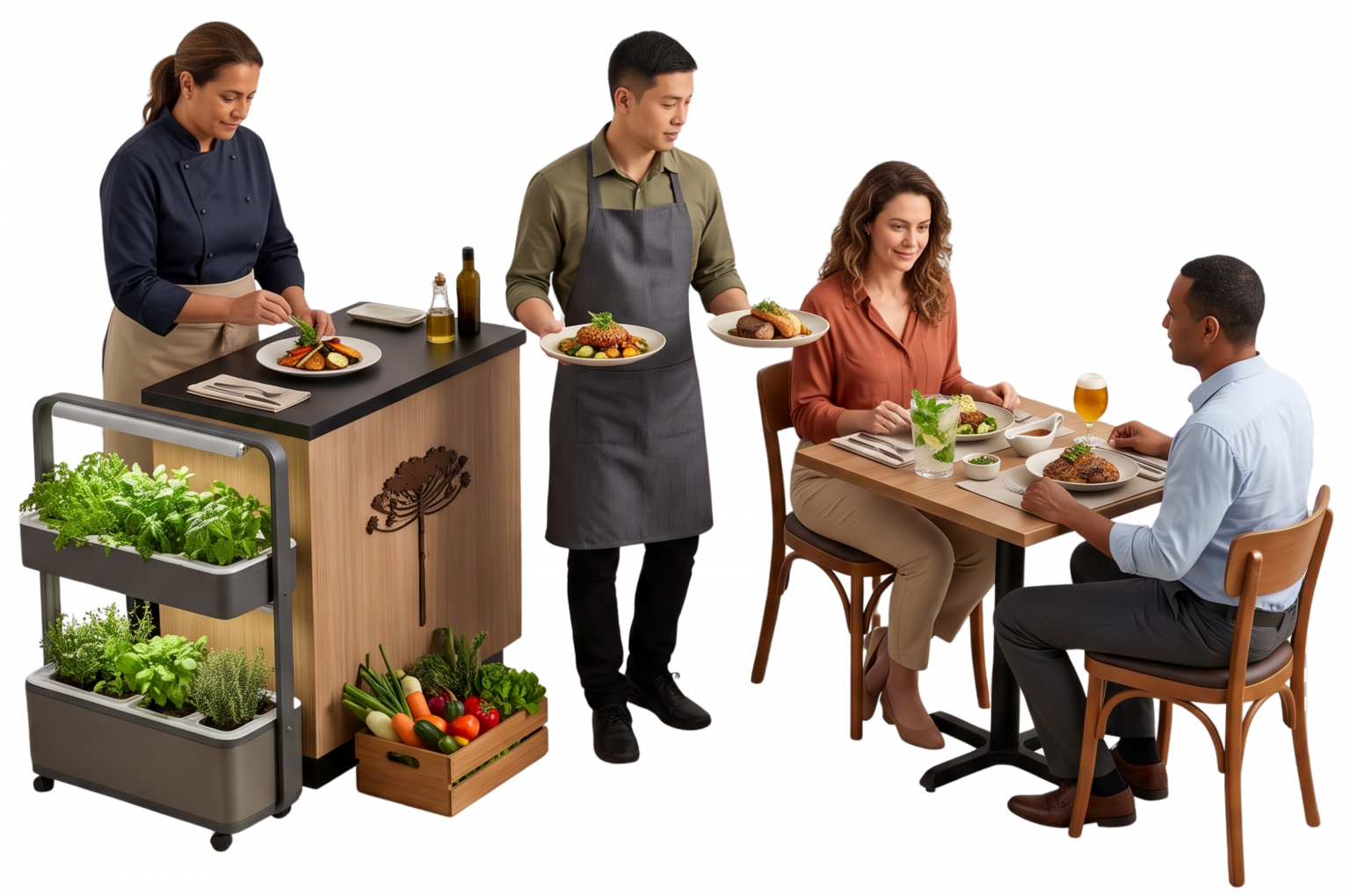 IMAGEM BENTO GRID – DESTAQUE 01: “Chef, garçom e dois clientes em restaurante compacto apresentam pratos vegetal e animal de construção semelhante, ingredientes frescos e bebidas diferentes, representando um menu enxuto com experiência de valor em Pinhais.”