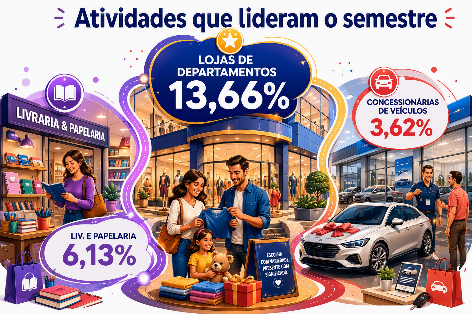 “Ecossistema comercial com loja de departamentos, livraria e papelaria e concessionária, destacando as atividades que lideraram o avanço acumulado do comércio paranaense.”