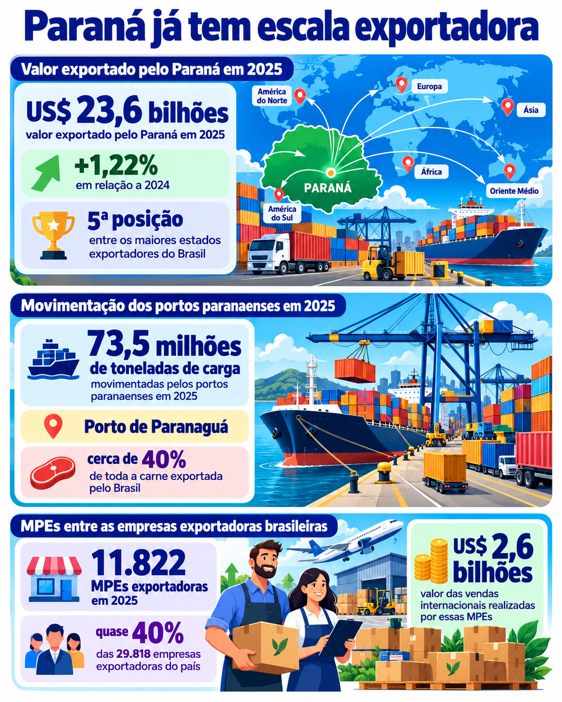 IMAGEM 1: Exportação para MPE em uma leitura visual sobre a escala do comércio exterior paranaense, a movimentação portuária e a participação dos pequenos negócios nas vendas internacionais.