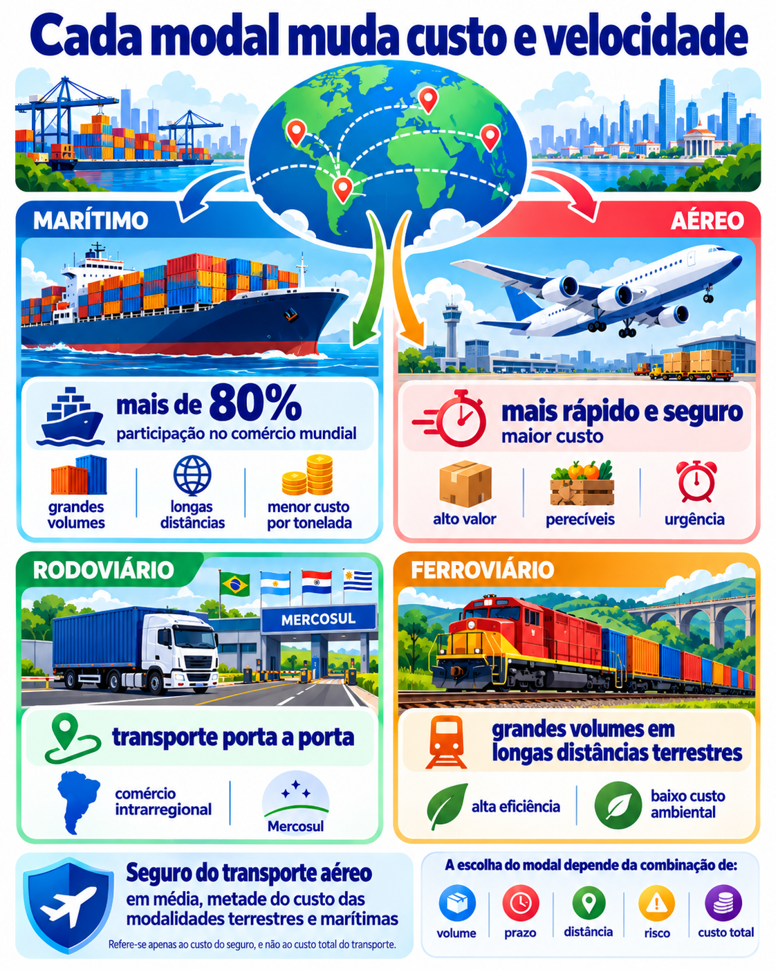 IMAGEM 4: Navio, avião, caminhão e trem representam diferenças de custo, velocidade, volume e aplicação entre os principais modais usados na exportação.